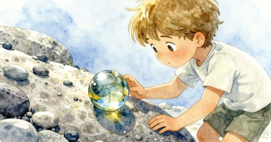 奈奎爾彎身靠近砂岩，發現閃爍著藍色核心的玻璃彈珠，細膩展現探索與驚喜的瞬間