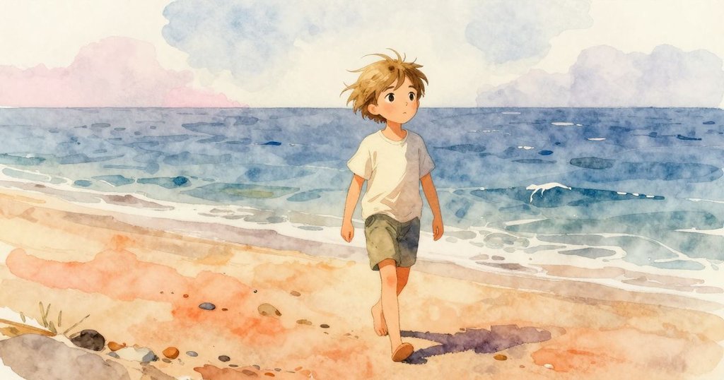 奈奎爾走向岬角陰影，海風吹動頭髮，背後留有岩池鹽紋，展現向前邁進與新希望