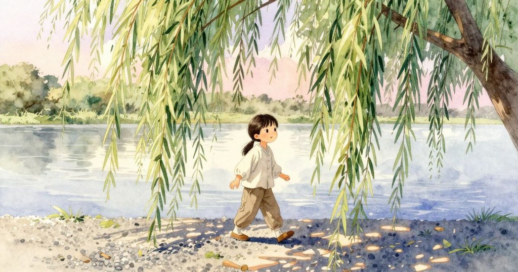 奧黛特在晨曦中穿越柳樹拱門，踏上卵石河岸，臉上充滿期待與平靜，背景有流動河水。