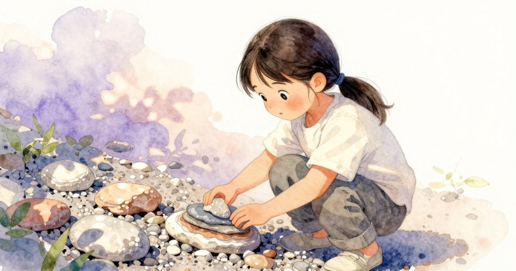 奧黛特細心觸摸卵石層次，展現古老水痕，專注檢查石頭細節，背景是柔和陽光映照的卵石堆。