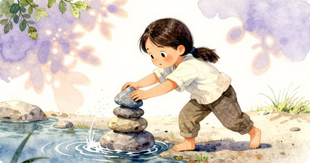 奧黛特放置三角形卵石時，石塔微微傾斜並噴出水花，展現出河流頑皮的趣味，臉上流露驚奇神情。