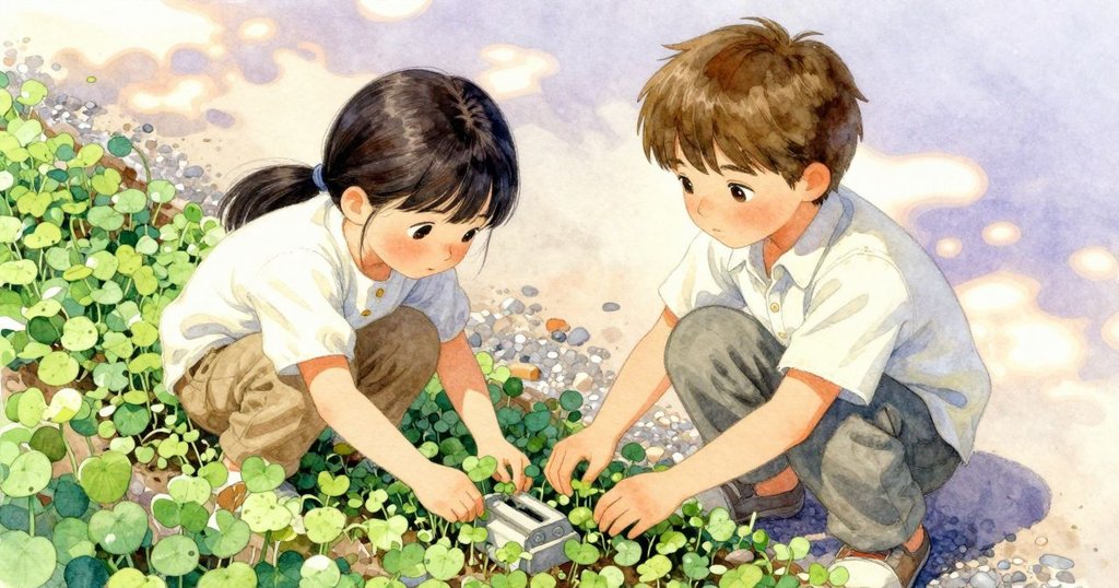 布萊思跪在水芹中輕撥濃密綠莖，奧黛特俯身檢查石堆隱藏機關，二人神情專注於這神秘發現。