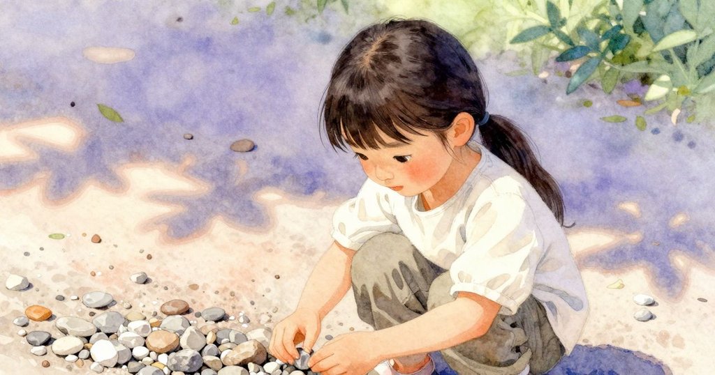 奧黛特神情凝重地移除三角石與原石，微距捕捉面部與手部細節，石塔在輕柔光線中逐漸穩固。