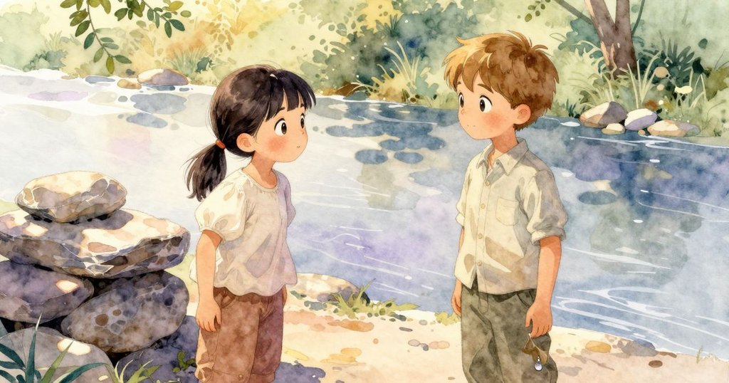 奧黛特與布萊思在石塔旁互視交流，畫布袋旁一滴水落在卵石上，表現出寧靜和解的氛圍與柔和暮光。