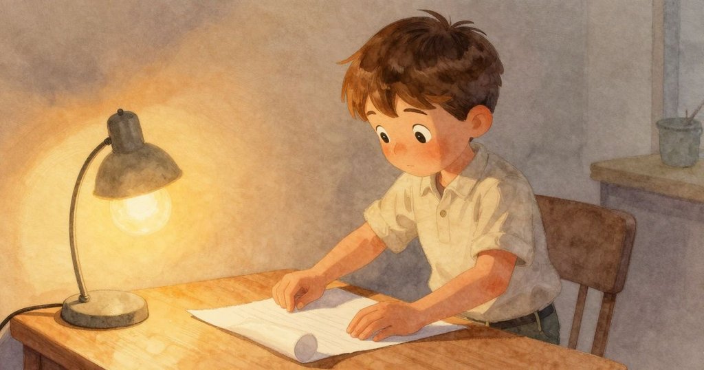 瑞斯正於室內木桌前整理擺放的方形紙張, 注意到紙角捲起, 灯光溫暖, 專注輕柔的動作, 開始一天的摺紙儀式