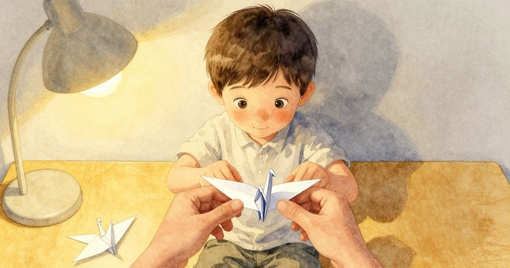 瑞斯從自身視角看到雙手正細心摺出紙鶴, 舊摺痕輕隱於紙面, 燈光溫暖, 內心專注且平靜