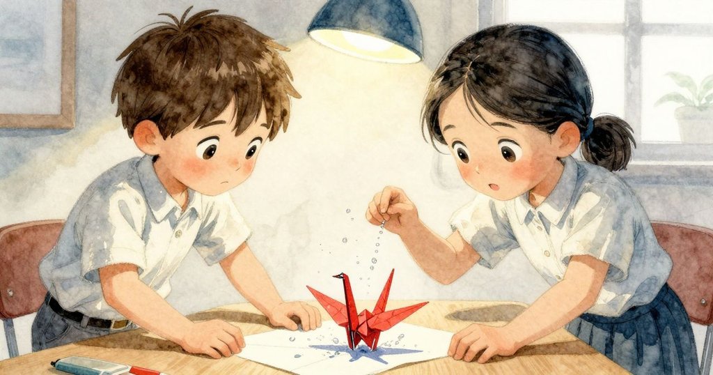 水珠瞬間拍打在瑞斯未完成的紙鶴上, 莉莉與瑞斯臉上透露驚訝, 桌上的紙張與水珠互動出緊張氛圍