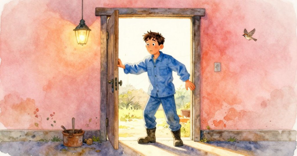 Max推開工作室大門，雀鳥飛出，晨光與燈光交織，場景溫暖中帶著一絲神秘與期待。