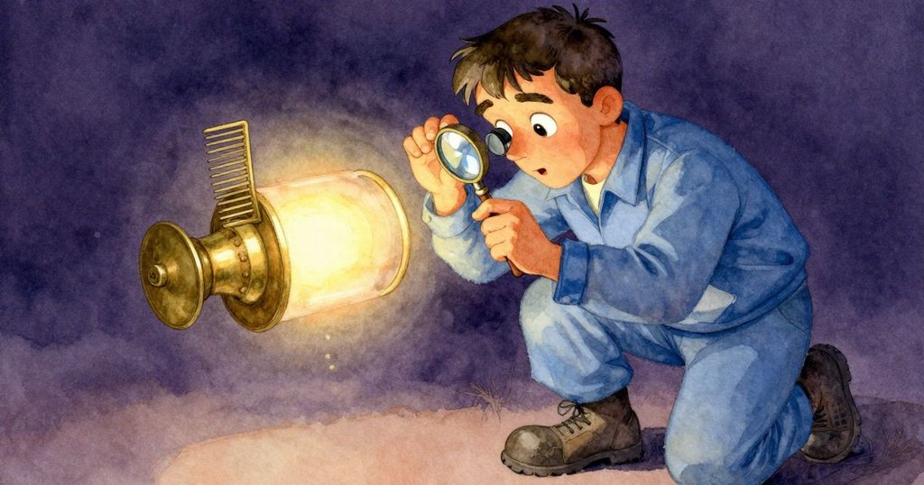 Max聚精會神用放大鏡檢視銅梳和發光圓筒，展示工作室中蘊含歷史與謎團的物件細節。