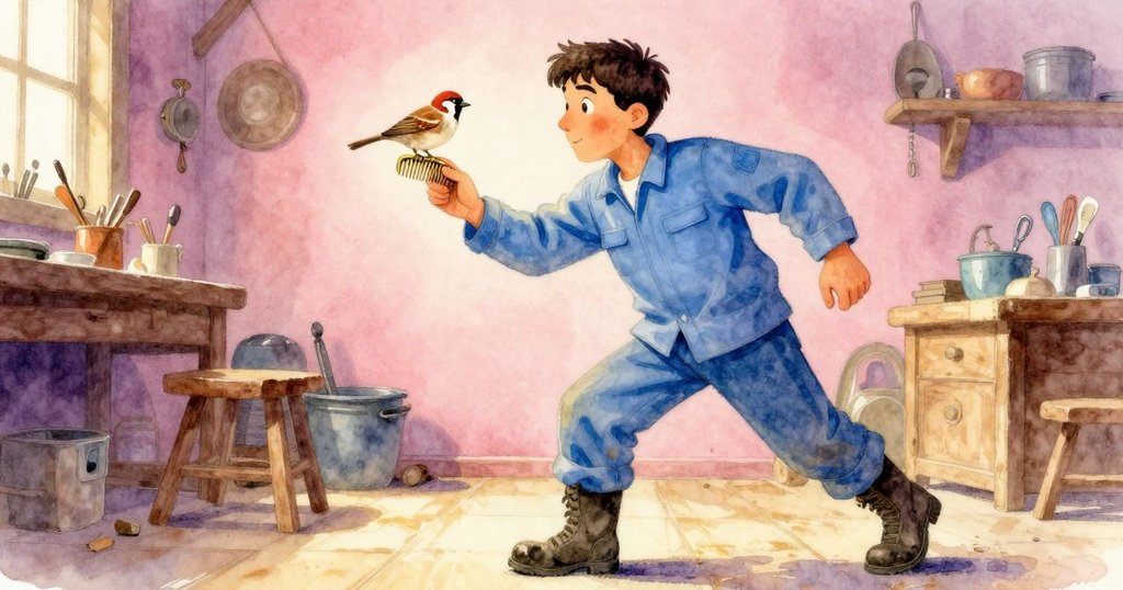 小雀鳥停在銅梳上，輕觸出柔和節奏，從低角度呈現內部工作室的細膩紋理與生機。