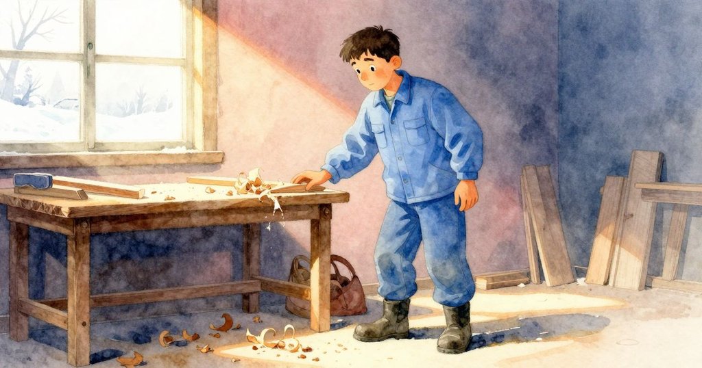 柔和冬日陽光灑落在工作台上，木屑隨風飄散，Max靜觀寒暖交織的季節變遷，氣氛寧靜溫馨。