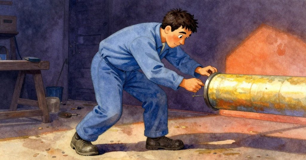 Max專注調整圓筒上偏移零件，姿態動感且謹慎，燈光與陰影中透露出堅定與細膩的情感。