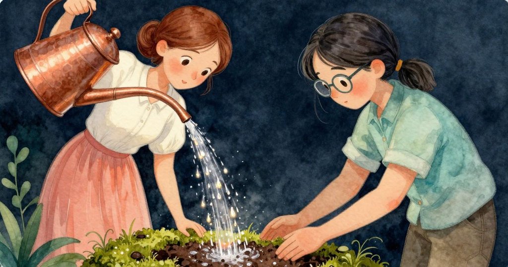 瑞婭的手輕觸濕潤苔蘚，特寫展示銅罐水滴傾瀉在細緻土壤上，充滿自然質感