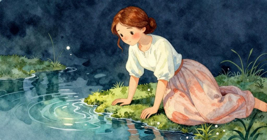 瑞婭注視苔蘚上聚集的水滴反光，表情沈思，柔和光線下透出自然的靜謐美