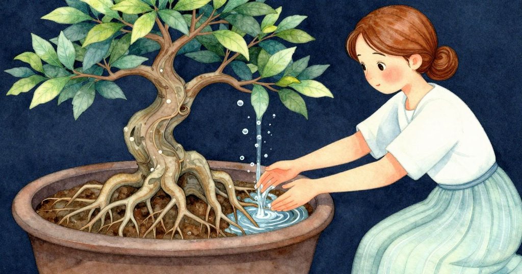 瑞婭蹲下仔細檢查盆內盤繞根部擋住排水口，水泡緩緩湧出，展現內部微妙變化