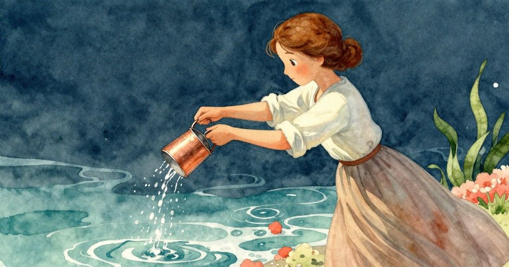 瑞婭迅速反應，銅罐水滴在光影中形成動態軌跡，水花濺落在木長椅上，動感十足