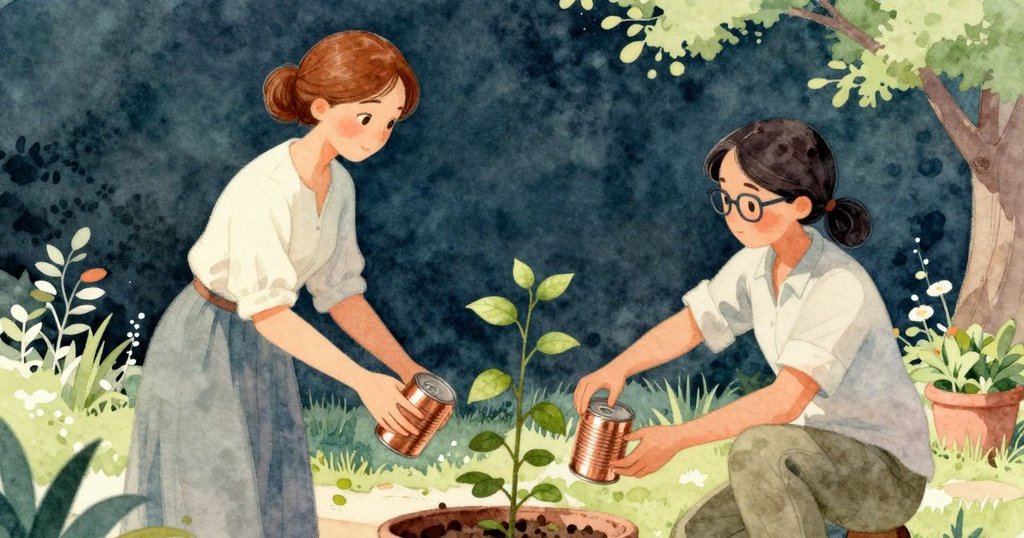 瑞婭把銅罐輕放在長椅旁，莉奧拉修剪樹枝時回望，兩人以溫暖眼神交流，庭院背景寧靜