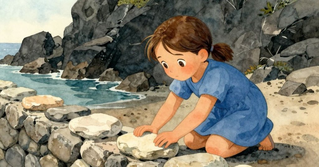 娜迪亞跪在潮石牆旁，專注放置卵石，背景為海邊拱石和溫暖光影，展現堅定與自然互動