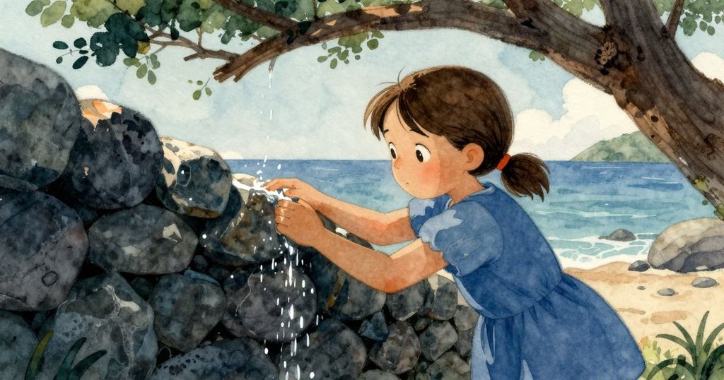 從低枝視角看，白鷺靜靜觀察娜迪亞調整卵石牆，水面映出柔和光影，營造出平靜場景