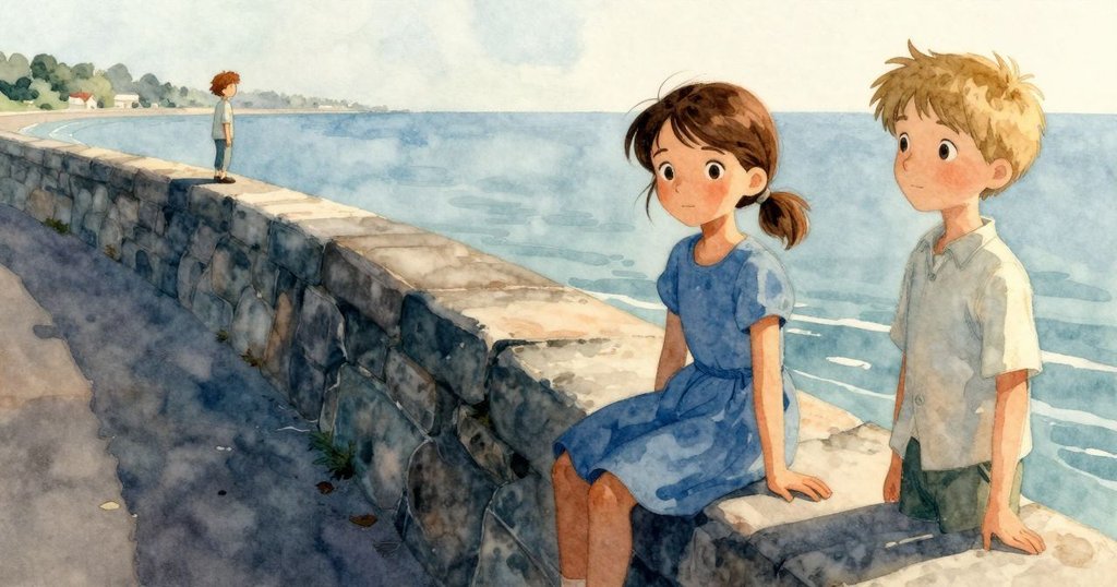 高角度展示潮石牆全貌，娜迪亞專注處理卵石，遠處男孩默默鼓勵，展現團隊與自然和諧