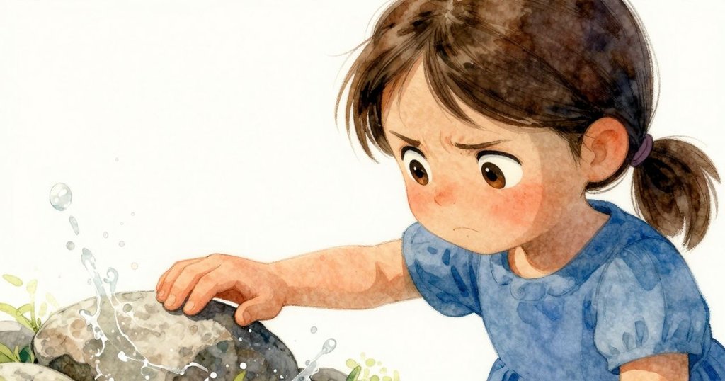 特寫中娜迪亞因卵石未卡而露出短暫緊張神情，手指猶豫間伴隨水花飛濺，情緒細膩流露