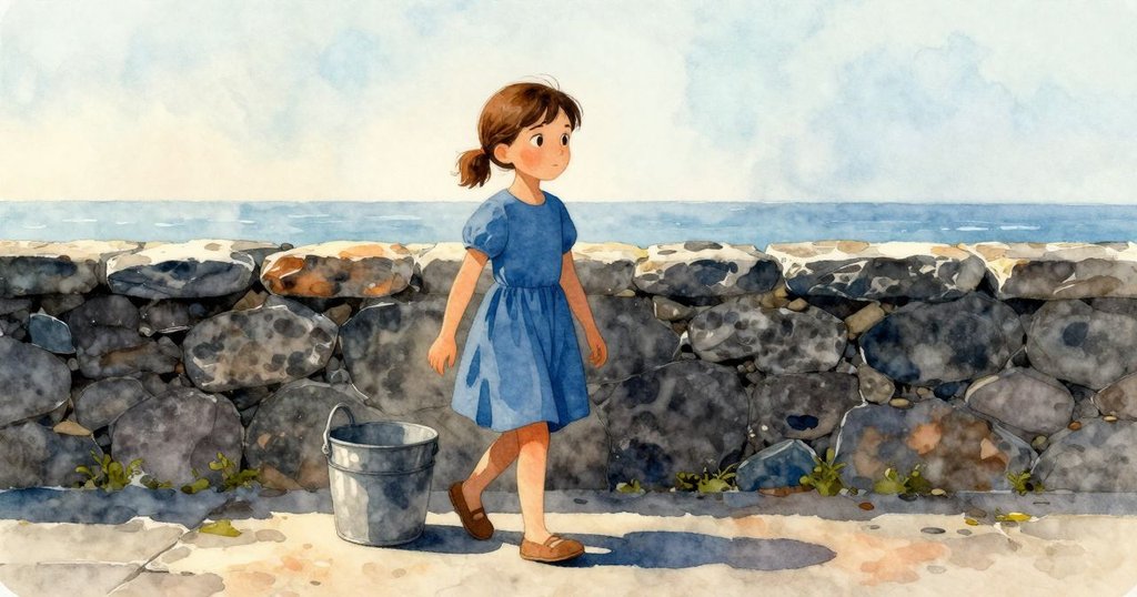 寬景畫面中娜迪亞面帶微笑，從沉穩的石牆走向桶子，柔和晨光映襯海邊新希望與未來路徑