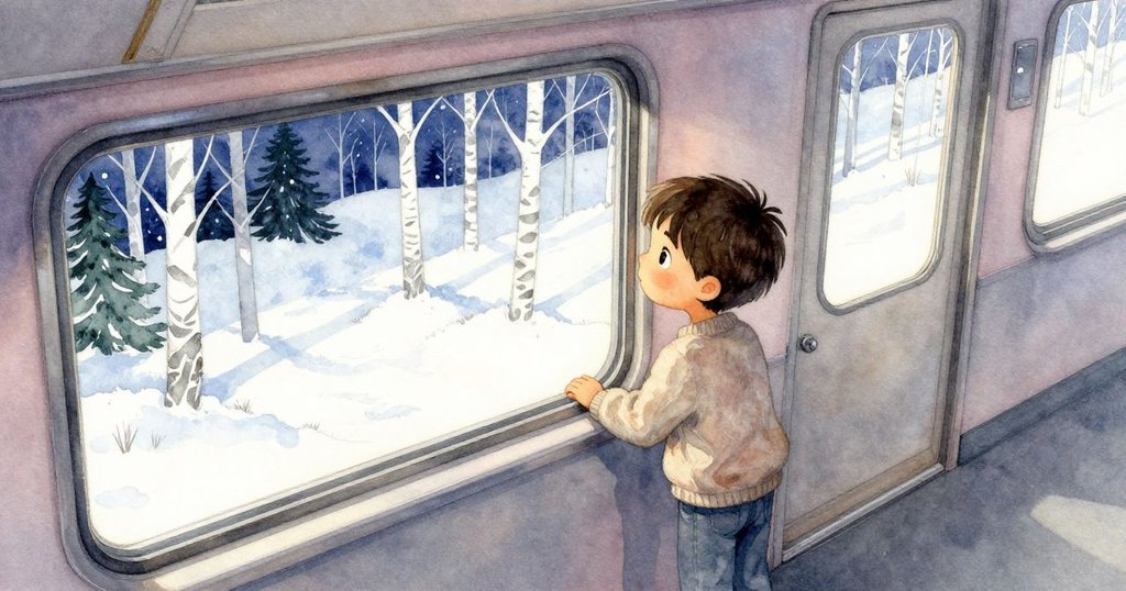 昆恩倚著火車窗戶，夜晚外面樹影搖曳，銀色刮痕閃爍，表情好奇，情境充滿神秘感