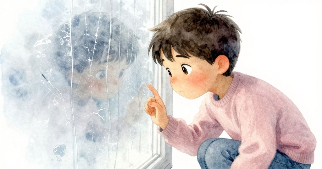 昆恩近拍特寫眼神專注凝視窗上銀色痕跡，額頭貼著冰冷玻璃，透露出好奇與期待