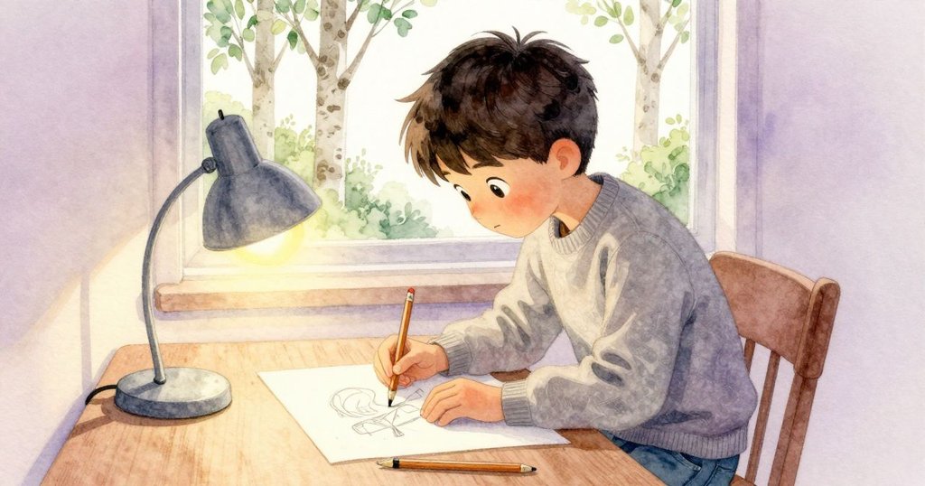 昆恩坐在摺疊桌前，擺放鉛筆與素描本，溫暖燈光映襯下窗外樹影層次分明，充滿室內外交融感