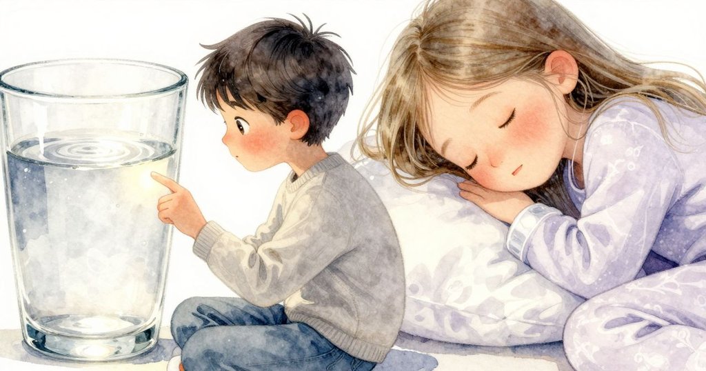 桌上水杯特寫，水面擴散波紋與燈光交織，昆恩手指輕觸光環，細膩描繪靜謐時刻