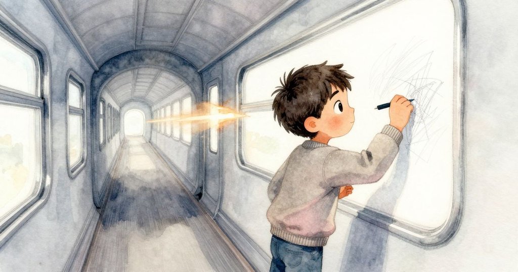 隧道中昆恩手持鉛筆繪畫，素描本上線條出現扭曲，燈光閃爍突顯動感與不確定性