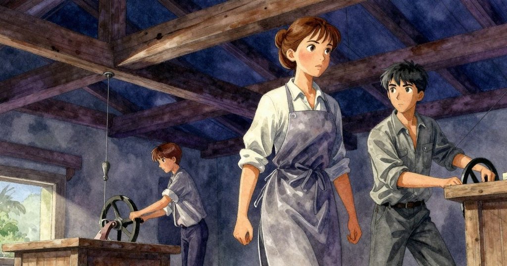 Lana 與 Ian 分處不同層次，前景的 Lana 專注退步，背景中 Ian 正穩轉曲柄，光線穿透木棚，畫面層次豐富