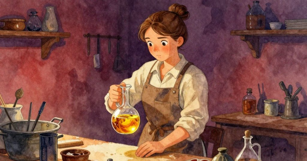 Lana 坐在工具桌前仔細查看玻璃燈油，回憶湧現，桌上散落著工具，情緒溫暖而懷舊