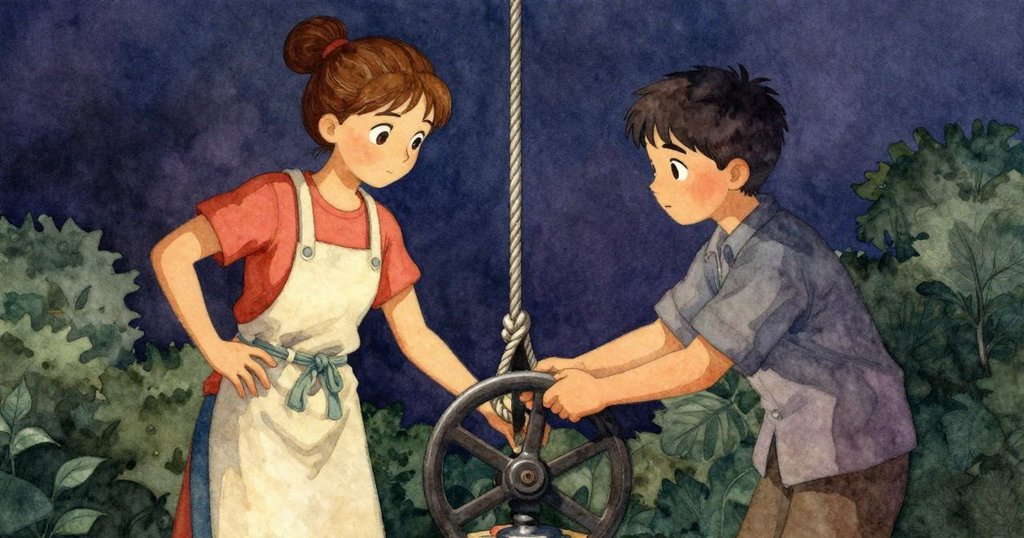 Lana 指示 Ian 輕轉曲柄，兩人協同作業，粗繩逐漸均勻，室內光線柔和，充滿希望氛圍