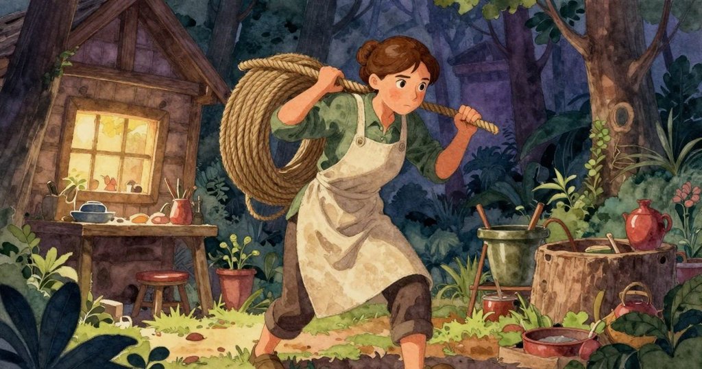 Lana 在溫暖黃昏中挺立於寬敞工作室，肩挑整齊繩圈，展現堅定與平靜，留下未解之謎