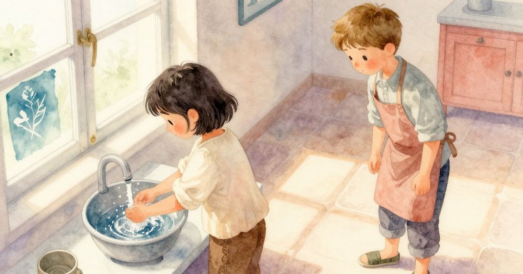 雅拉站在門口注視費恩在窗邊用緩慢滴水的水龍頭沖洗藍素印刷品, 室內光線柔和, 氣氛靜謐