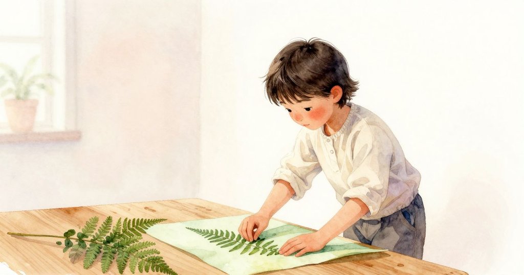 雅拉走近木桌, 小心地將檸檬綠色紙片鋪開, 精心排列蕨葉, 臉上流露專注與溫柔的神情