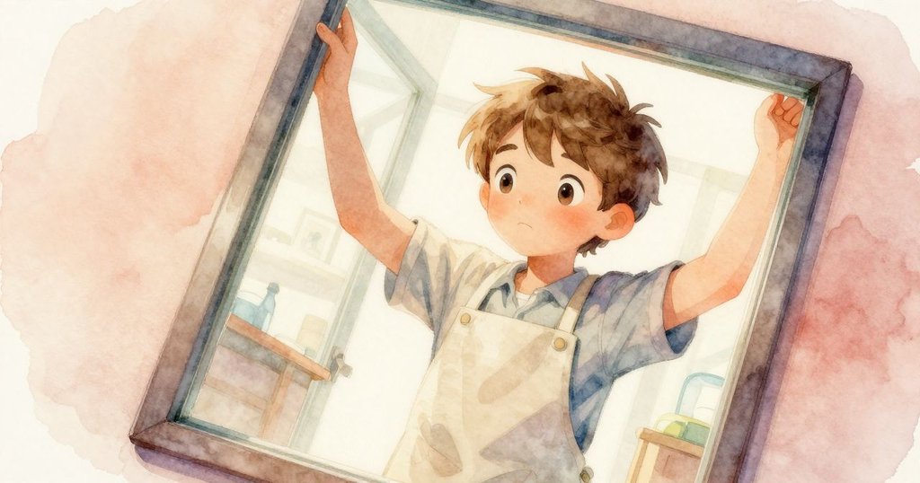 費恩專注地輕敲玻璃框, 使用扭曲視角突出動感與節奏, 面部凝神, 室內燈光溫暖明亮