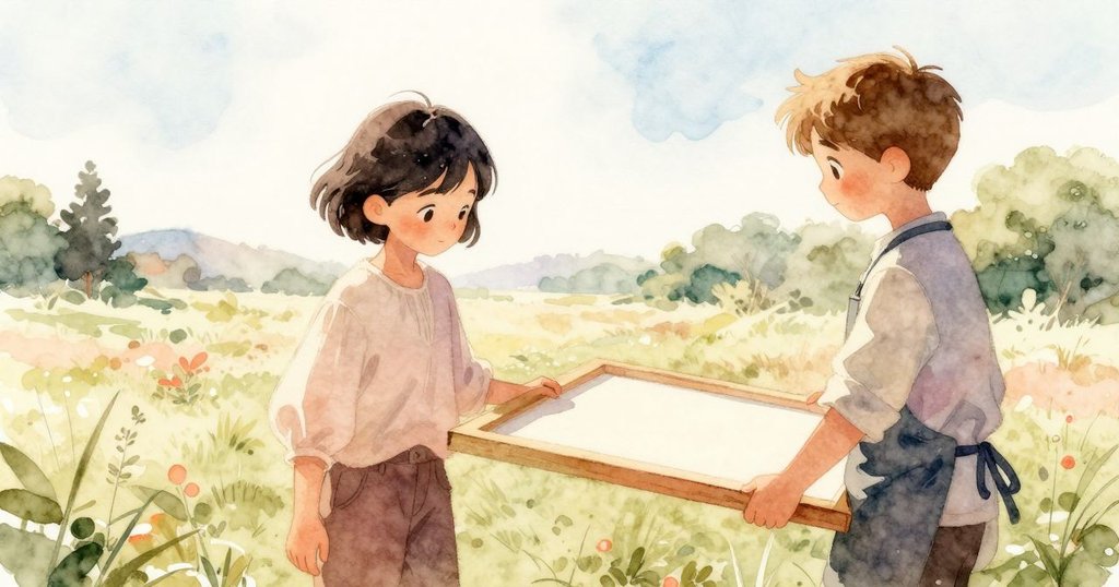 雅拉與費恩攜帶藝術框架走向戶外, 陽光穿透, 橄欖色調滲透畫面, 環境洋溢夏日氣息與和諧創作