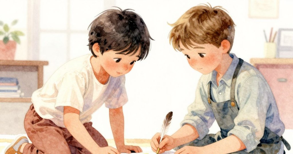 雅拉與費恩在靜謐中互點頭, 共同欣賞帶有羽毛痕跡的藝術品, 彼此眼神中透露出默契與驚喜