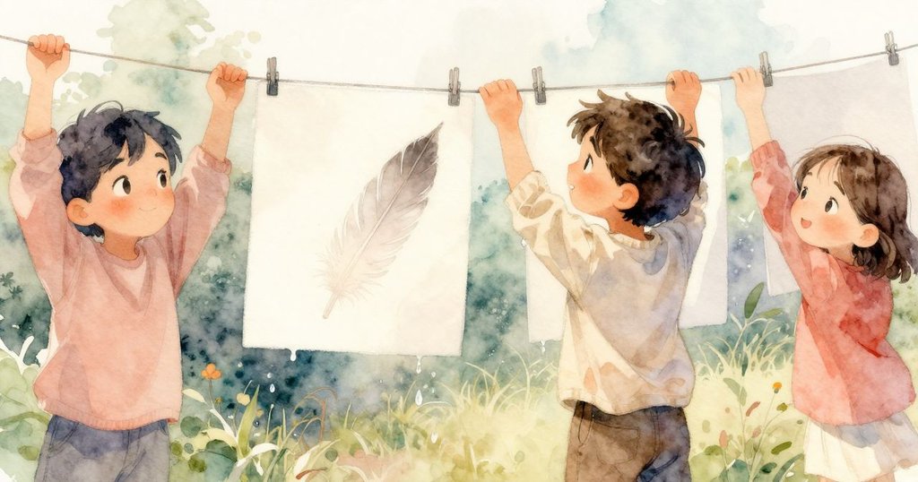 雅拉在戶外將帶滴水痕跡的藝術品掛於晾衣繩上, 仔細凝視羽毛留下的細膩印記, 環境寧靜, 彷彿暗示未言之故事