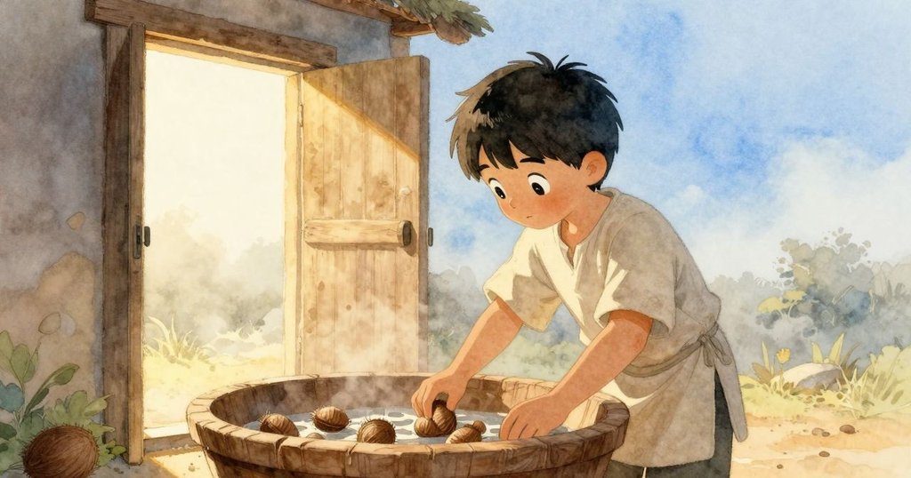 山姆專注地觀察木盆中浮動的卵形繭，室內晨霧柔和光線灑入，神情平靜，步入新一天