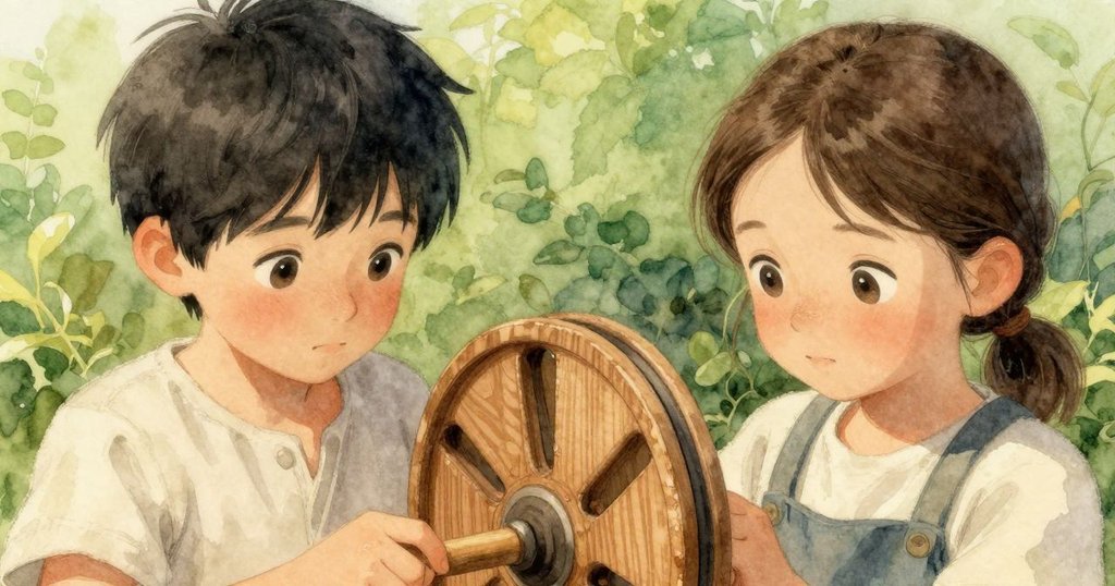 琳登輕放三個繭狀物於盆牆邊，山姆仔細觀察刻痕深刻的木製捲軸，溫暖光線突顯細節