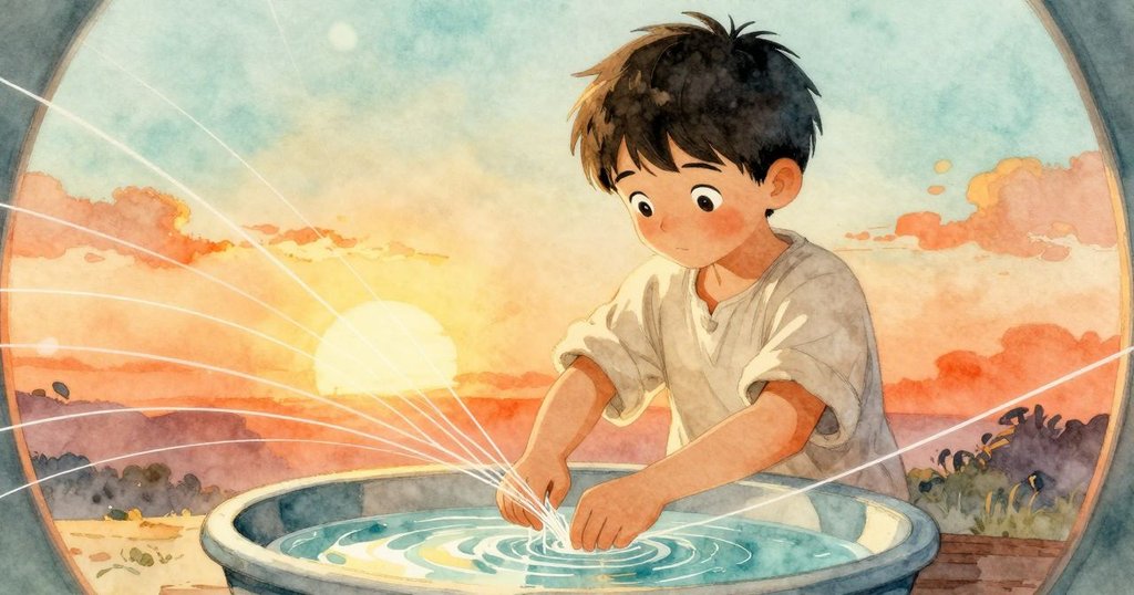 山姆在水盆中扭轉閃耀的細線，使用魚眼視角呈現變形的曲線，動感十足，光線溫暖