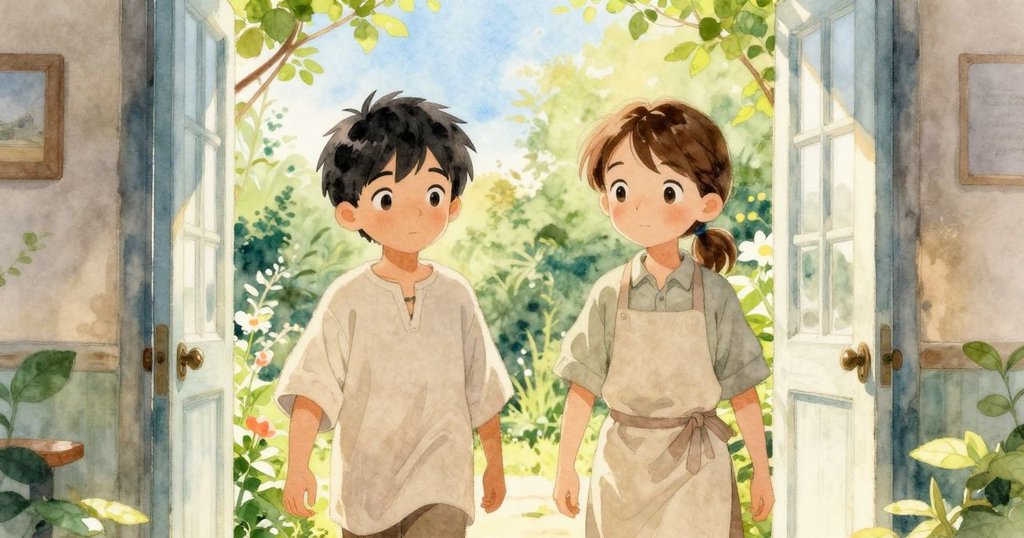 山姆與琳登攜手走向明亮室外，從寧靜室內過渡到清新草地，晨光輕柔灑落，溫暖互動