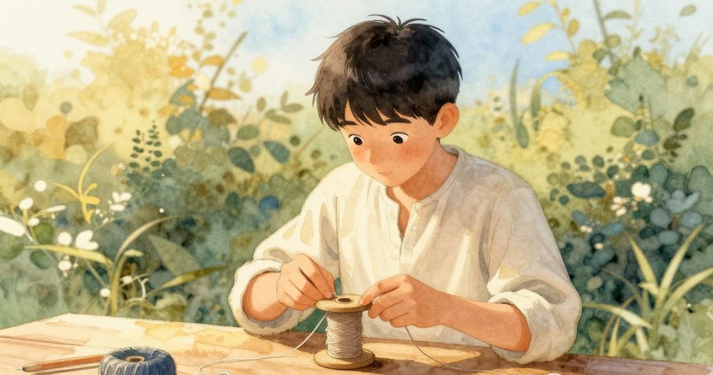 山姆擦拭手腕水珠，將完成線繞在軸上，神情放鬆平和，琳登在後微笑支持，室內氛圍溫馨