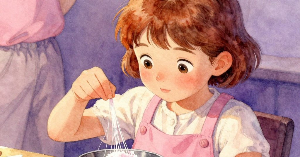 Ada伸出手輕撫紙杯,特寫顯示金屬邊上落下的粉紅糖絲,細節豐富呈現甜蜜魔法的初現