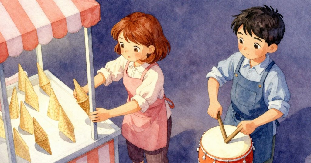 由上而下的視角展示Heath整理紙杯,Ada注視旋轉機器,共同操作糖果攤,環境明亮且飽含溫暖色調