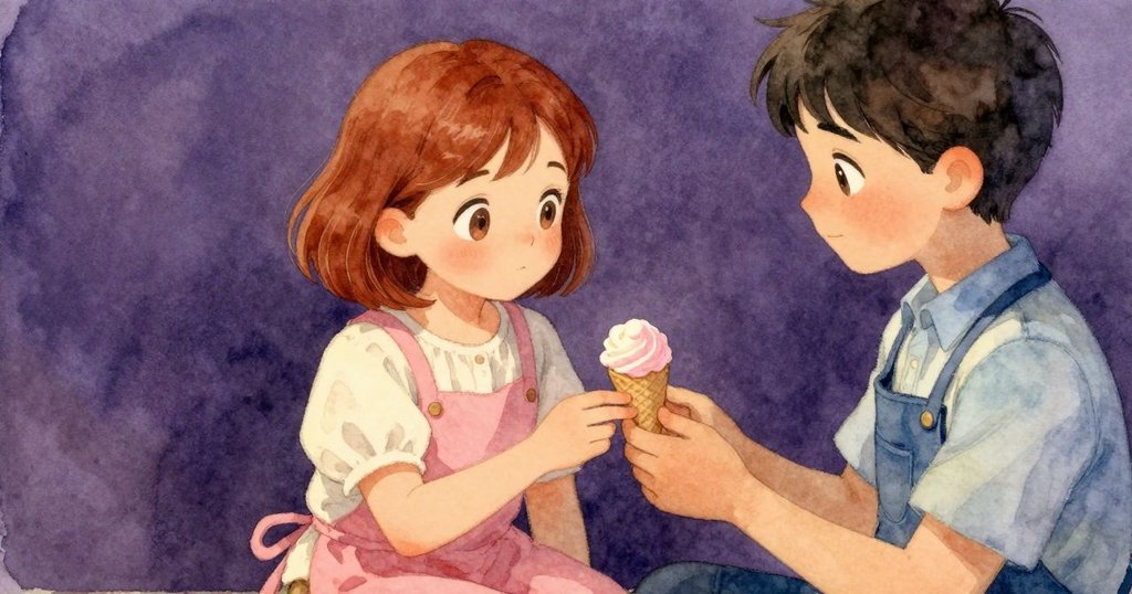 Ada溫柔地將完成的糖果杯遞給Heath,兩人露出支持與感激的微笑,背景中糖果攤散發著溫暖柔和的光芒