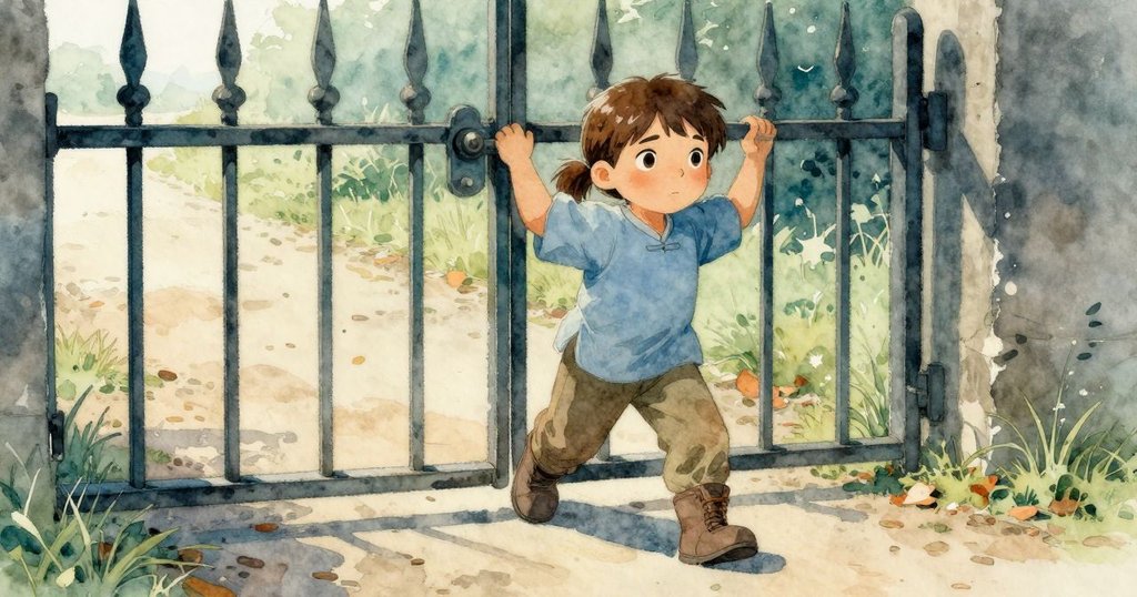 Liora站在乾燥小徑上，用手撐著生鏽鐵門，背景有流水聲和晨霧，臉上展現堅定神情